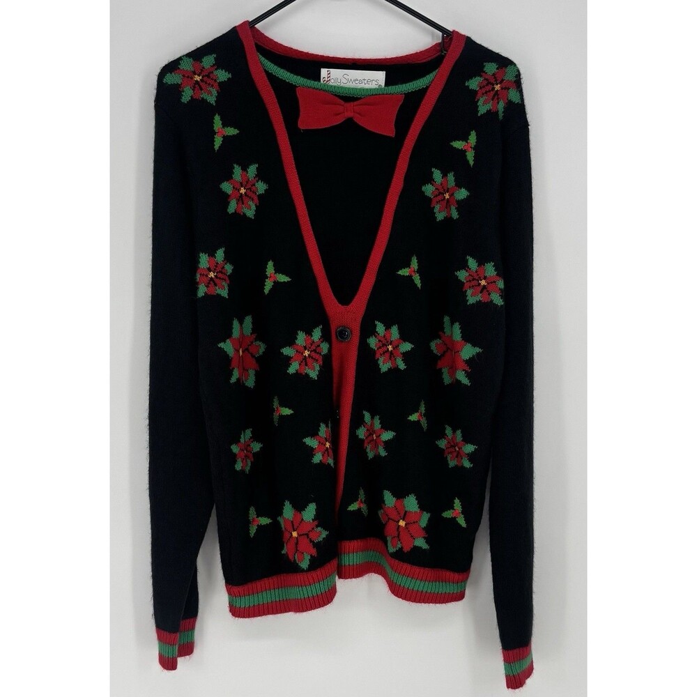 Jolly Sweaters Women’s L Ugly Christmas Sweater Poinsettia Bow Tie Black Red